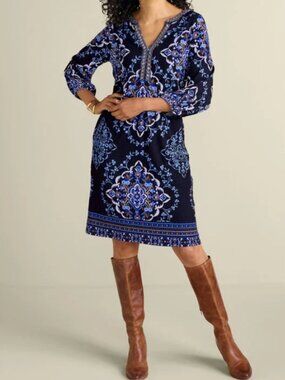 Soft Surroundings Kauri Midi Dress Size 2X Blue Allover Print Embellished V Neck